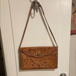 Vintage Brown Floral Leather Shoulder Bag